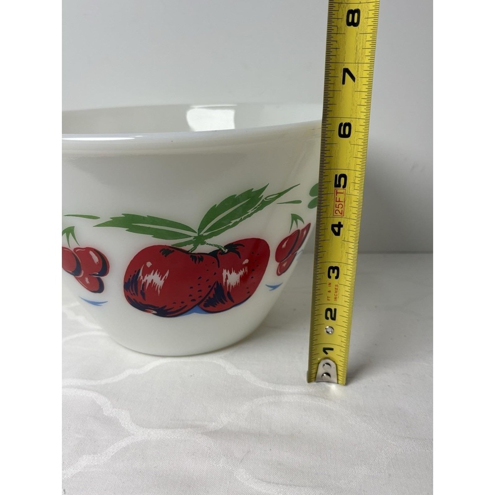 Vintage Fire King Splash Proof Bowl Apple & Cherries 4 QT White Painted 9.5"x 6" - Picture 11 of 11